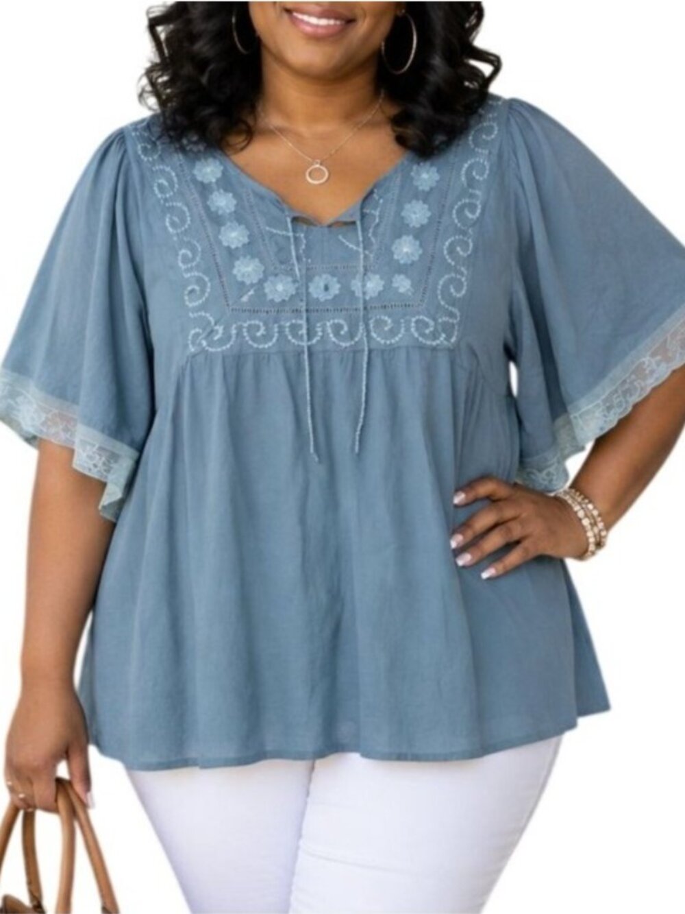 Tantrums Size Large Top Embroidered Cotton Blouse Blue Flutter Sleeve Boho